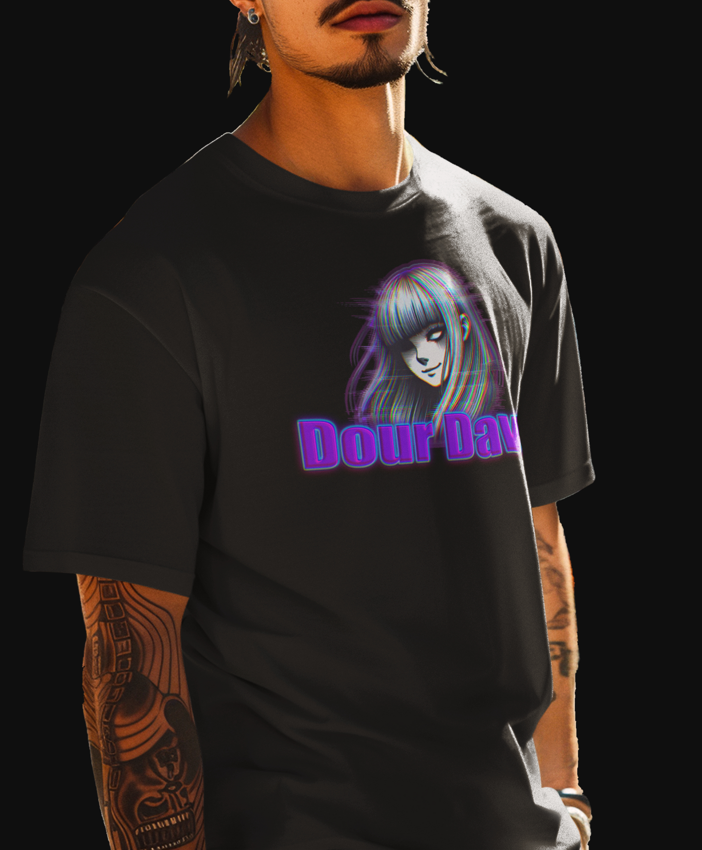 Black "The Logo Shirt" graphic tee with brand logo of a glitch style spooky woman over the words Dour Dawn printed on front.