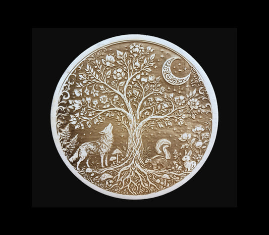Laser engraved wood sign of a Tree of Life with forest animals and crescent moon. Embossed view.