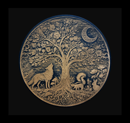 Laser engraved wood sign of a Tree of Life with forest animals and crescent moon. Engraved view.