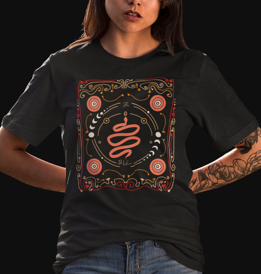 Black "The Imbued" graphic tee with intricate design of patterns, moon phases, and snake with the words "The Mother" printed on front. 