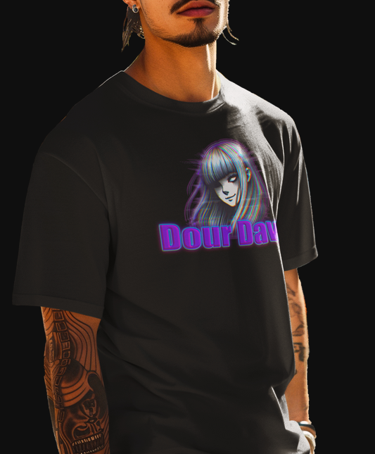 Black "The Logo Shirt" graphic tee with brand logo of a glitch style spooky woman over the words Dour Dawn printed on front. 