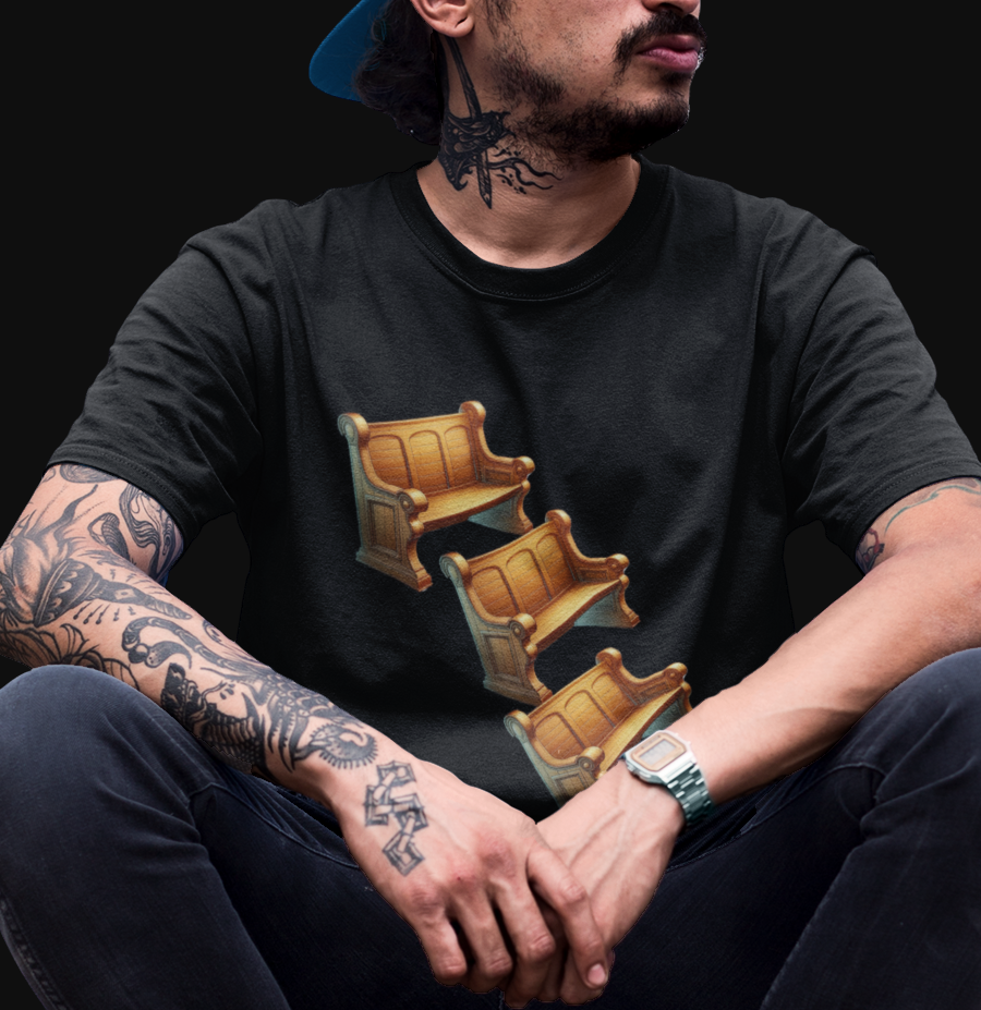 Black "The Pew Pew Pew" graphic tee with three images of cartoon style church pews printed on front.