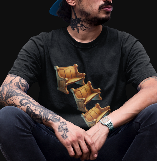 Black "The Pew Pew Pew" graphic tee with three images of cartoon style church pews printed on front.